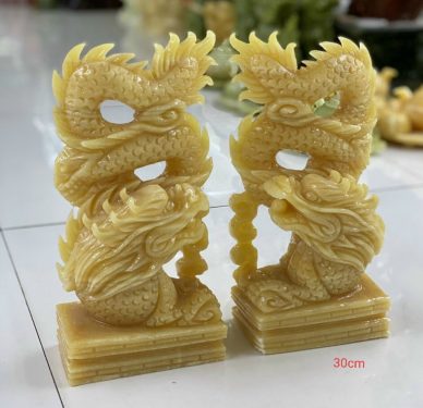 cặp tượng rồng đá ngọc hoàng long tự nhiên nguyên khối vàng đẹp