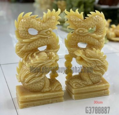 cặp tượng rồng đá ngọc hoàng long tự nhiên nguyên khối vàng đẹp