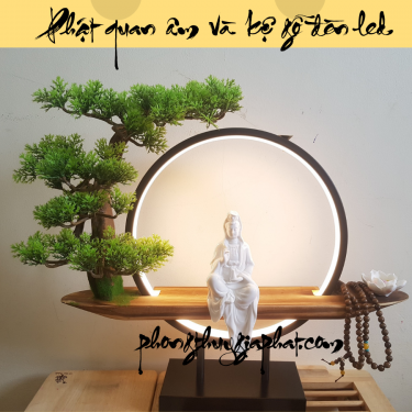 Tượng Phật Quan Âm và Kệ Cây Đèn Led Nguyệt Mộc Trầm| Phong thủy Gia Phát
