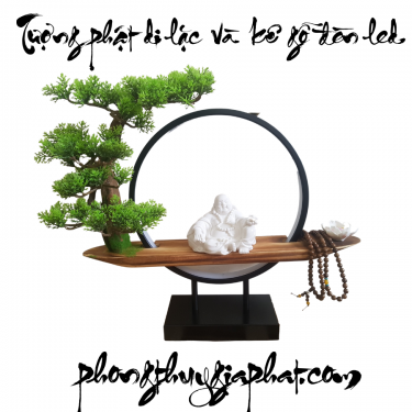 Tượng Phật Di lặc và Kệ Cây Đèn Led Nguyệt Mộc Trầm