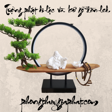 Tượng Phật Di lặc và Kệ Cây Đèn Led Nguyệt Mộc Trầm