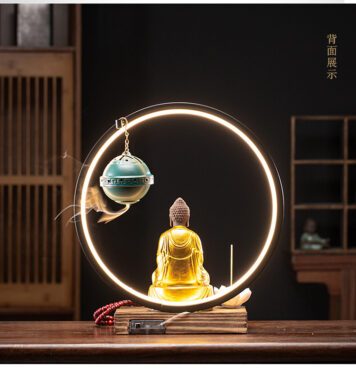 Thác khói trầm hương, đốt trầm tượng phật phong thuỷ cảnh|Tượng phật mặc áo vàng có đèn led