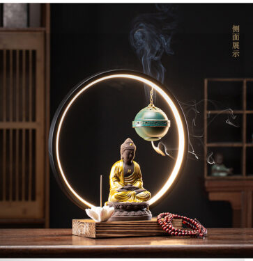 Thác khói trầm hương, đốt trầm tượng phật phong thuỷ cảnh|Tượng phật mặc áo vàng có đèn led