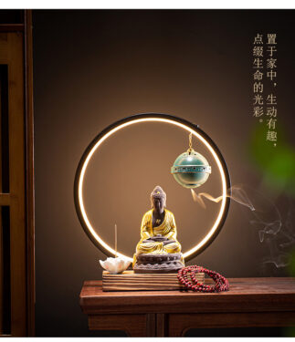 Thác khói trầm hương, đốt trầm tượng phật phong thuỷ cảnh|Tượng phật mặc áo vàng có đèn led