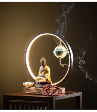 Thác khói trầm hương, đốt trầm tượng phật phong thuỷ cảnh|Tượng phật mặc áo vàng có đèn led