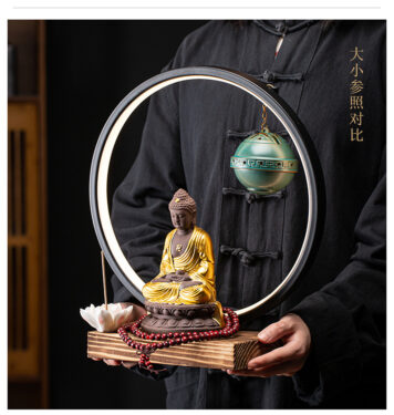 Thác khói trầm hương, đốt trầm tượng phật phong thuỷ cảnh|Tượng phật mặc áo vàng có đèn led